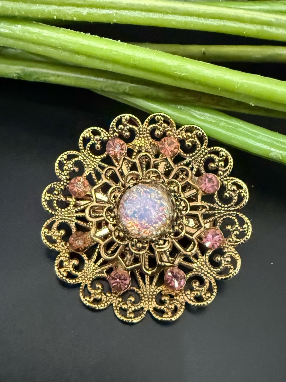 Vintage Victorian Style Ornate Filigree Opalescent Starburst Flower Brooch